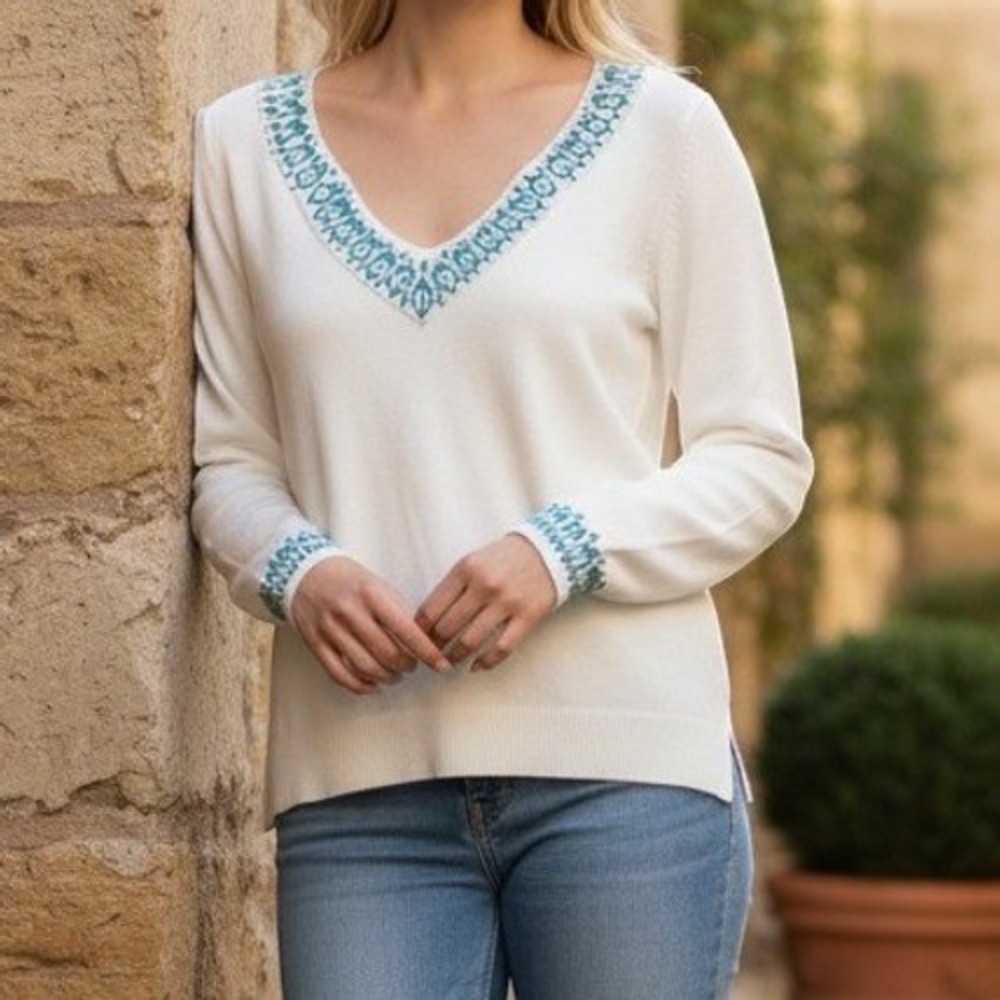 Vintage Ann Taylor LOFT Beaded Sweater XS Ivory Turquoise Coastal Quiet Luxury‎